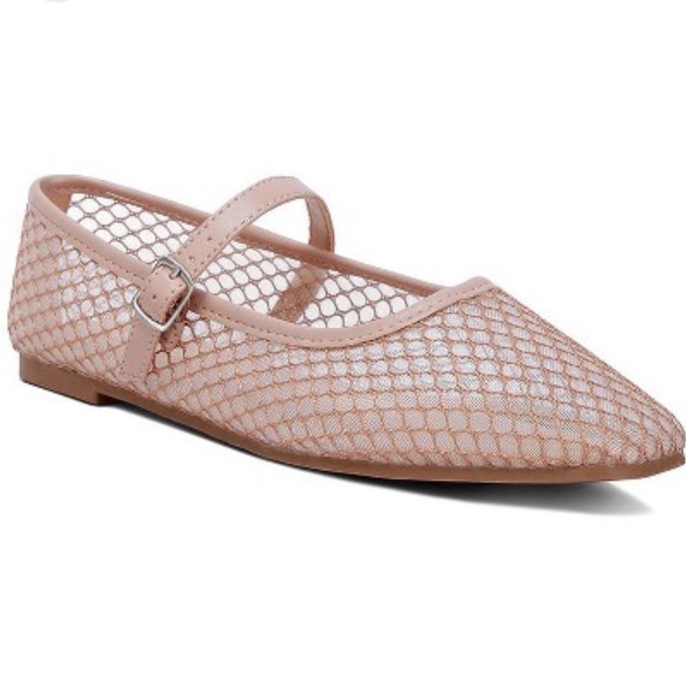 Rita Ora Mesh Mary Jane Nude Pink Fishnet Pointed Toe Flats Women's Size 9